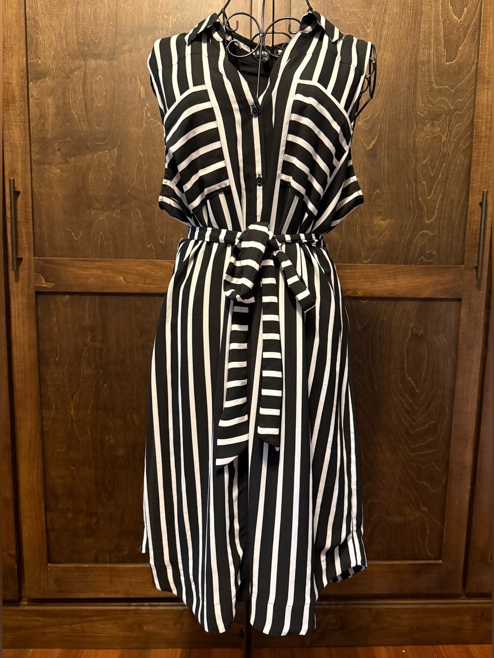 Express Black and White Striped Midi Shirt Dress with Tie Waist